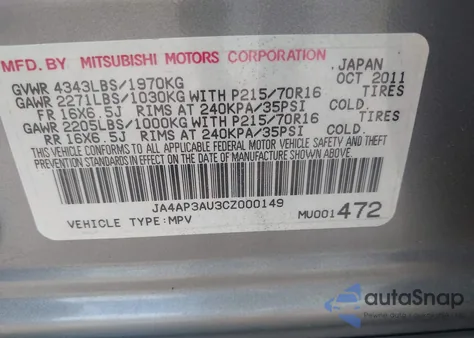 2012 Mitsubishi Outlander Sport Es z USA, uszkodzony, nr VIN JA4AP3AU3CZ000149